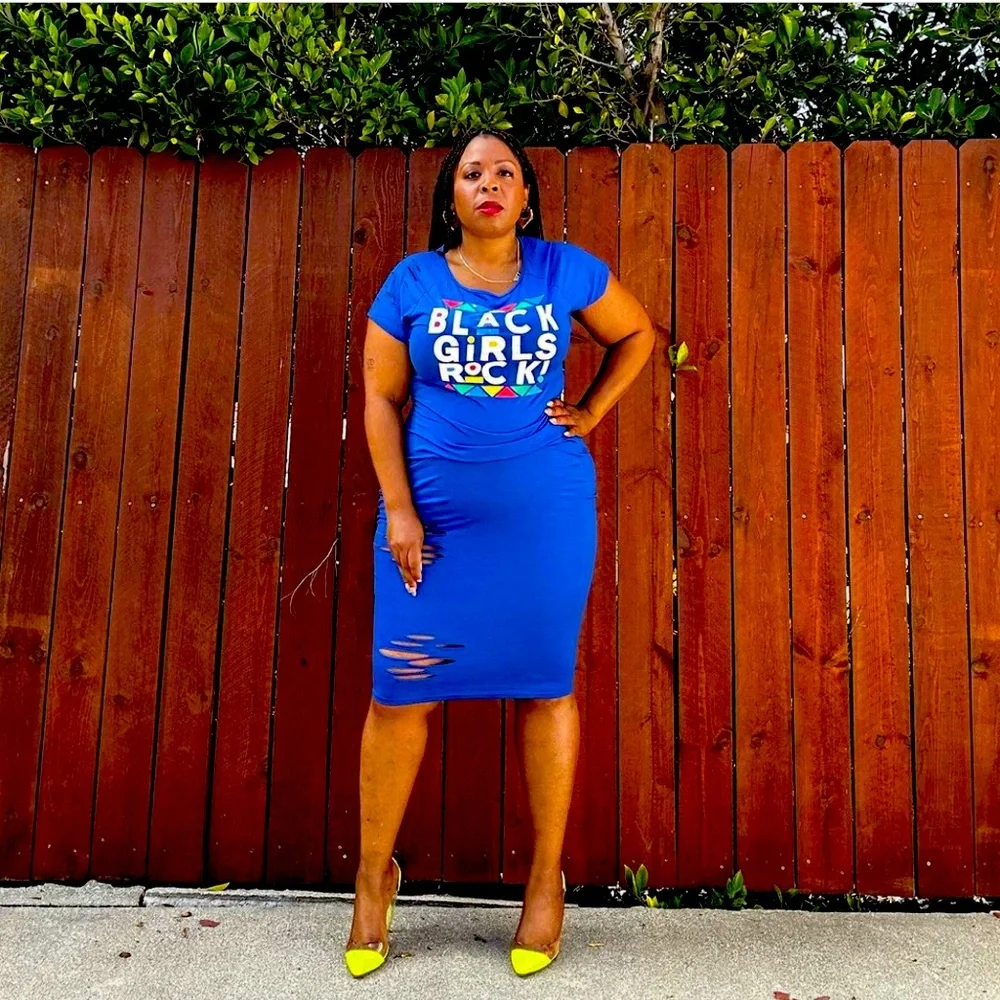 Black Girls Rock Midi Bodycon TShirt Dress Blue - Picture 1 of 4